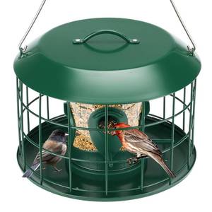 lot 7562 image: Kingsyard Tube Squirrel Proof Bird Feeders for Outdoor Hanging, Metal Caged Bird Feeder with Rain Proof Covered for Wildbirds Finches Bluebird, 4 Feeding Ports, Green