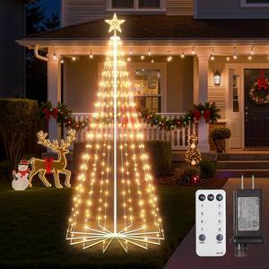 lot 7573 image: Outdoor Christmas Cone Tree Light with Star Topper, 6ft 265 LED Lightshow Christmas Tree with 8 Modes Timer Remote, Dimmable Artificial Tree for Porch Yard Patio Indoor Decorations, Warm White