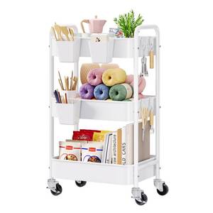 lot 7575 image: 3 Tier Rolling Cart Metal with Wheels, White Three Tiered Craft Cart Organizer on Wheels, Storage Utility Carts for Art, Baby Nursery,Diaper Caddy, Cleaning Supplies, Nail,Lash,Snack,Book,Roller Shelf