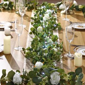 lot 7587 image: 2 Pieces 6.5 ft Eucalyptus Garland with 20 LED Light Bar and Rose Flowers Artificial Eucalyptus Flower Vines for Wedding Arch Party Tables Centerpiece Backdrop Party Decor