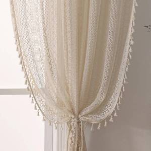 lot 7592 image: WAZZIO Boho Curtains for Living Room Lace Curtains 84 Inches Long 2 Panel, Rod Pocket Vintage Tassel Bohemian Decor Geometry Striped Light Filtering Crochet Semi Sheer Curtain Drapes for Bedroom,Beige
