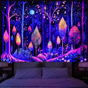 lot 8018 image: Amonercvita Blacklight Forest Tapestry UV Reactive Trees Tapestry Aesthetic Starry Moon Stars Tapestries Colorful Neon Plants Wall Hanging for Bedroom
