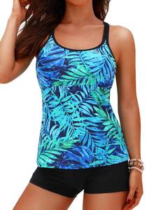 lot 8452 image: Yonique Two Piece Tankini Swimsuits for Women with Shorts Tummy Control Bathing Suits Athletic Swimwear Green Leaves L