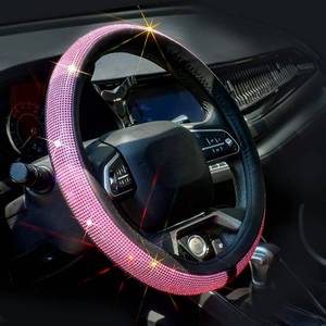 lot 8469 image: ChuLian New Diamond Leather Steering Wheel Cover with Bling Bling Crystal Rhinestones, Universal Fit 15 Inch Car Wheel Protector for Women Girls Pink Diamond