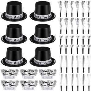lot 9921 image: Shappy 48 Pcs New Years Eve Party Supplies for 12 Guests 2026 Party Supplies Top Hat Headbands Tiara Fringed Noise Makers(Black Silver)