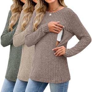 lot 10353 image: Sweetyweee 3 Pack Womens Nursing Tops Breastfeeding Shirts Long Sleeve Maternity Ribbed Sweaters with Hidden Zipper(Army Green, Apricot, Coffee,Medium)