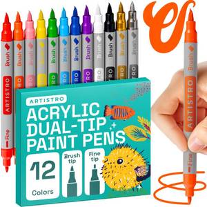 lot 10375 image: ARTISTRO 12 Acrylic Paint Markers - Paint Pens for Drawing, Brush  Fine Tips - For Fabric, Rock, Glass, Wood, DIY, Craft, Canvas - Art and Craft Supplies for Adults, Teens, Kids