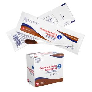 lot 10386 image: Dynarex Povidone Iodine Swabsticks, Swabstick Packaged in Individual Foil Pack, Antiseptic for Skin Preparation, Brown, 1 Box of 50 Povidone Iodine Swabsticks