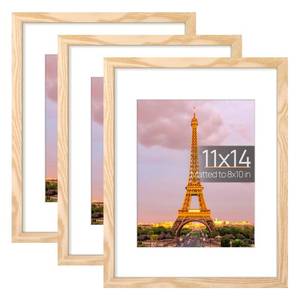 lot 11858 image: upsimples 11x14 Picture Frame Set of 3, Made of High Definition Glass for 8x10 with Mat or 11x14 Without Mat, Wall and Tabletop Display Photo Frames, Natural