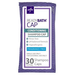 lot 11860 image: Medline ReadyBath Unscented Rinse-Free Shampoo Cap with Conditioner, 30 Count