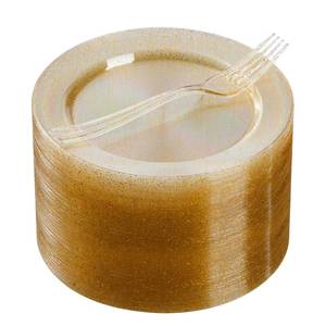 lot 11877 image: Goodluck 120PCS 7 Gold Glitter Dessert Plastic Plates with 7.4 Forks, Gold Appetizer Plates for 60 Guests, Including 60 Disposable Cake Plastic Plates and 60 Forks for WeddingBirthday Party