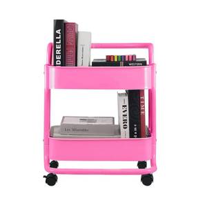 lot 11888 image: Melody House 2-Tier Metal Mesh Rolling Cart Storage Organizer with Utility Handle and Wheels, Multi-Functional Storage Trolley for Office Living Room Kitchen, Pink