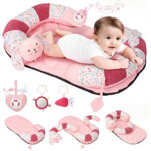 lot 11951 image: 2-in-1 Tummy Time Mat & Seated Support Pillow with 5 Sensory Toys, Baby Floor Seat for Tummy Time & Early Sitting Support, Musical Stuffed Toys, Essentials Development Gifts for Newborn Babies