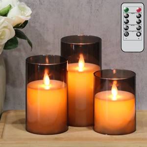 lot 11954 image: Eldnacele Glass Flameless Candles with Remote and Timer, Battery Operated Moving Wick Unbreakable Plastic Black Flickering LED Pillar Candle Set of 3 Dinner Wedding Holiday Indoor Decor