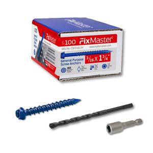 lot 11956 image: FixMaster 316 x 1-34 Hex Head Blue Concrete Screw Anchors (100 pcs Screw Kit) with one Screwdriver and Drill Bit for Concrete, Masonry, Block, Brick and Wood Fastening