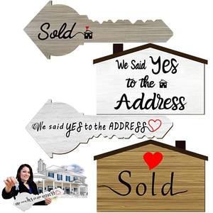 lot 11966 image: Qunclay 2 Pcs Sold Sign for New Homeowners Wooden Double Sided Real Estate Sold Key Sign Social Media Photo Props, Said Yes to the Address House and Home Sweet Home Key Shaped Wood Closing Gifts