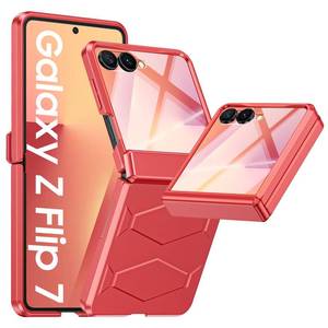 lot 12245 image: Vizvera for Samsung Galaxy Z Flip 7 Case with Hinge Protection, Built-in Screen Protector Shockproof All-Inclusive Phone Cover for Z Flip 7-Coral Red