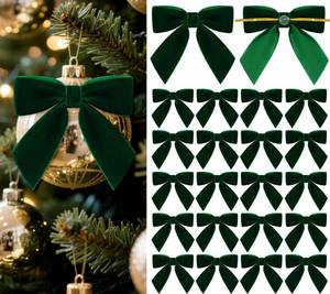 lot 12417 image: Glitinsel 30 Pcs Velvet Bows for Christmas Tree, Pre-Tied Christmas Bows with Twist Ties & Adhesive Dots Vintage Xmas Decor for Garland Wreath Gift Packaging(3 x 3 Inch, Width of 1,Dark Green)