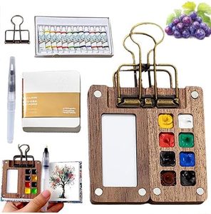 lot 12420 image: Mini Watercolor Travel Paint Set, Mini Paint Palette Travel Kit Set with Picture Book, Pocket Artist Water Color Travel Set with Colours, Binder Clips, Watercolor Pens, Wooden Paint Box for Painters Artists Students �� (8 Grids)