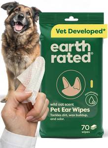 lot 12445 image: Earth Rated Dog Ear Wipes, Vet-Developed Pet Ear Wipes for Dogs & Cats, Hypoallergenic Cleaner to Remove Dirt and Wax, Wild Oat Scent, 70 Count
