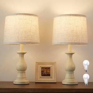 lot 13336 image: Hikczc Vintage Table Lamp for Living Room Bedroom, 18.5 Farmhouse Bedside Lamps Nightstand Lamp Set of 2, Table Lamps with Oatmeal Linen Lamp Shades, 2 LED Bulbs Included, Beige