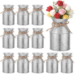 lot 13371 image: 12 Pcs Farmhouse Metal Flower Vase Decor, 5.3 Inch Galvanized Milk Can Jug Vase with Twine Bow Rustic Flower Buckets for Centerpieces Floral Display Table Home Wedding Festival DIY Decorations