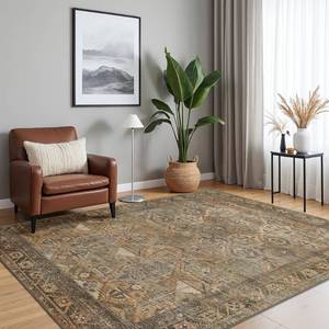 lot 13373 image: Bavni Washable Rug 4x6 Area Rug for Living Room Bedroom Dining, Washable Vintage Print Carpet, Ultra-Thin Chenille Low Pile Lightweight Rug with Non Slip Backing, Warm Taupe