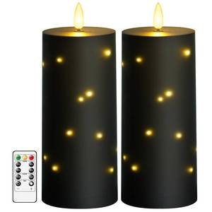 lot 13378 image: Sasigeiaa Waterproof Outdoor Candles with Timer & Remote - Battery Operated LED Candles, Realistic Flameless Plastic Pillar, Pack of 2 (4 D x 10 H, Black) for Patio, Garden Camping Rainy Weather