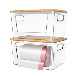 lot 13379 image: spospo 2 Pack Trash Bag Holder with Bamboo Lid, Stackable Trashbag Dispenser, Extra Large Garbage Bag Holder for Kitchen Laundry Room Under Sink Organization and Storage
