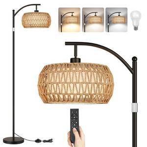 lot 13383 image: ROTTOGOON Boho Floor Lamp with Dimmable Bulb, Rattan &Linen Double Shades, Boho Standing Tall Lamps with Foot Switch, Bohemian Floor Lamps for Living Room, Bedroom, Office
