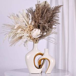 lot 13389 image: White and Gold Ceramic Vase Set of 2 - Nordic Boho Minimalist Design for Home Decor, Modern Donut & Hollow Style for Living Dining Room, Bedroom, Office - Decorative Pampas Grass &Flower Centerpiece