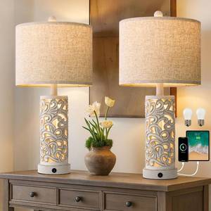 lot 13396 image: OYEARS 22 Table Lamp Set of 2 for Living Room,Farmhouse Lamp for for Bedroom,Vintage Retro Bedside Lamps with USB Ports Linen Shade for Home Office (Wash White, Bulb Included)