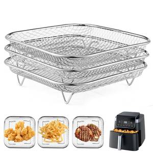 lot 13398 image: Square Air Fryer Rack Compatible with 6-8 QT Air Fryer,3pcs Stackable Stainless Steel Dehydrator Rack, Square Air Fryer Accessories for Cosori, Instant Vortex, Chefman Airfryer, Ninja Foodi Grill (only 2 in box)