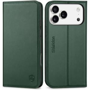 lot 14352 image: SHIELDON Case Wallet for iPhone 17 Pro Max 6.9 2025  Genuine Leather, Kickstand, RFID Blocking Card Slot, Magnetic Closure, Flip, Shockproof Interior Cover for Men Women - Evergreen