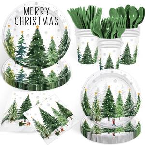 lot 14366 image: 168PCS Christmas Trees Party Supplies Watercolor Green Cedar Snowflake Party Decorations Merry Christmas Paper Plates Cup Napkin for Xmas Winter Holly Snowflake Holiday Party Tableware Serves 24