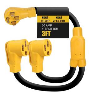 lot 14418 image: NEMA 14-50 Y Splitter Adapter Cord for RV and EV, 4-Prong 240-Volt, ETL&UL Listed, 63, 81 STW AWG Gauge-AutoRVEVTesla Model 3SXY-3 Feet-Yellow