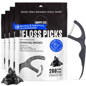 lot 14434 image: Dental Floss Picks (200pcs) - Flossers for Adults, Vegan Corn-Straw Handle, Superior Oral Care & Anti-Shred Thread, Dental Hygiene, Tooth Pick Sticks, Teeth & Gum Health (Charcoal, Double Thread)