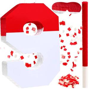 lot 15314 image: Poen Number 9 Pi�ata with Batting Stick Eye Mask and Confetti Red and White Pi�ata for Kids Boys Girls Birthday Anniversary Celebration Decorations Party Supplies, 16 x 11 x 2.8 Inches