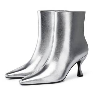 lot 15316 image: CELLENZ Womens Kitten Heel Boots  Ankle Pointed Toe Boots - Fall Sparkly Short Boot - Silver Side Zipper Dress Booties Party Night Size 9.5
