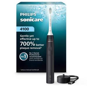 lot 16493 image: Philips Sonicare 4100 Series Electric Toothbrush - Sonic Toothbrush with Advanced Sonic Technology, Pressure Sensor, Two Intensity Settings, Smartimer & Quadpacer, Black, Model HX368124 base used, new head
