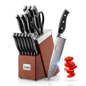 lot 1008 image: Knife Set, FOHERE 14 Pieces Self Sharpening Knife Block Set, Waved Pattern High Carbon Stainless Steel Knife Set, Rust & Stain Resistant Kitchen Knives and Triple Riveted Handle, Reddish Brown
