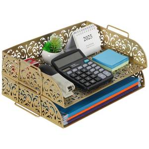 lot 1014 image: EasyPAG Paper Organizer for Desk 2 Tier Stackable Paper Tray for A4 Legal Size Folders Metal File Storage Desktop Organizer for Home Office School Teacher, Gold