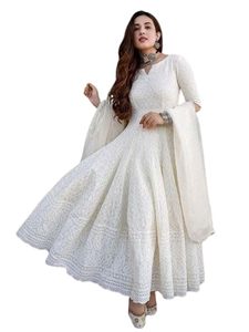 lot 2116 image: Amaz Craft Womens & Girls Pure White Cotton Anarkali Chikankari Long Kurti Gown Size -L