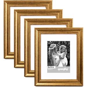 lot 3872 image: Yaetm 8x10 Picture Frame Matted to 5x7 Set of 4, 1.4�� Wide Molding & Rustic Gold Photo Frames 8 x 10 with Tempered Glass, Display on Tabletop & Wall Mounting (4 pack, Gold)