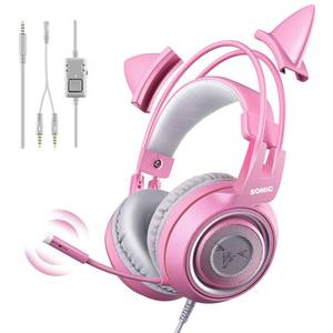 lot 3883 image: SOMIC G951s Pink Stereo Gaming Headset with Mic for PS4,Xbox,PC,Mobile Phone,3.5mm Noise Reduction Cat Ear Headphones Lightweight Over Ear Headphones for Woman