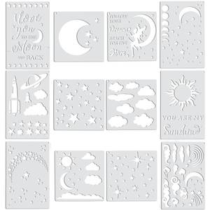 lot 4114 image: 12 Pieces Moon and Star Stencil Clouds Stencil Reusable Star Template Planet Plastic Stencil Template Star for Painting on Wood Wall Notebook Card DIY Drawing Painting Craft Project