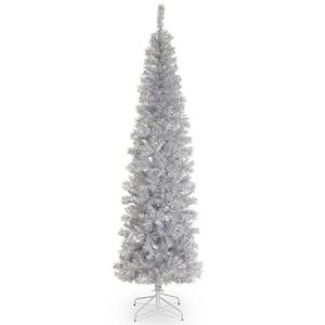 lot 5716 image: A7ft National Christmas Tree Company Silver Tinsel Slim Artificial Christmas Tree