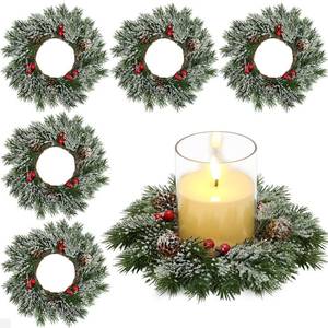 lot 5718 image: Scawim 6 Pcs Candle Rings Wreaths Bulk, Artificial Candle Rings with Pinecones Red Berries Candle Holder Table Centerpiece Decor for Home Kitchen Cabinet Windows Front Door