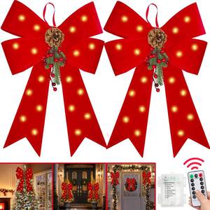 lot 5725 image: 2 Pack 24 x 14 Prelit Large Christmas Bows Decorations with 20 Lights & Timer Remote, 8 Modes Battery Operated Red Velvet Xmas Bows for Wreaths Garland Christmas Tree Topper Outdoor Indoor Home