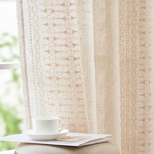 lot 6313 image: jinchan Boho Curtains for Bedroom Beige Linen Blend Curtains Farmhouse Embroidered Bordered Living Room Drapes 90 Inch Length Bohemian Light Filtering Grommet 2 Panels Ivory on Beige